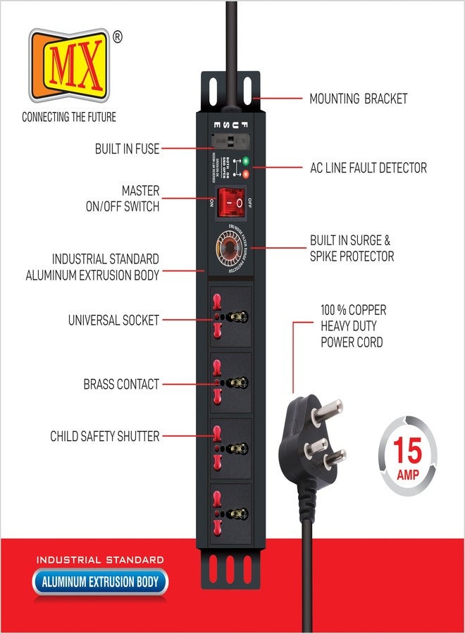 ام كي لوحة تمديد كهربائية MX بأربعة منافذ، بقدرة 3000 واط و15 أمبير، مزودة بسلك طاقة شديد التحمل (0.75 مم²، حاصل على علامة الجودة ISI) بطول 5 أمتار، مع واقي من ارتفاع التيار الكهربائي، وغطاء أمان للأطفال، وهيكل من الألومنيوم المبثوق. - Image 3